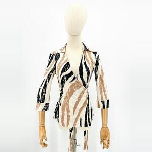 Diane von Furstenberg Ivory Black Tan Brushstroke Silk Wrap Blouse